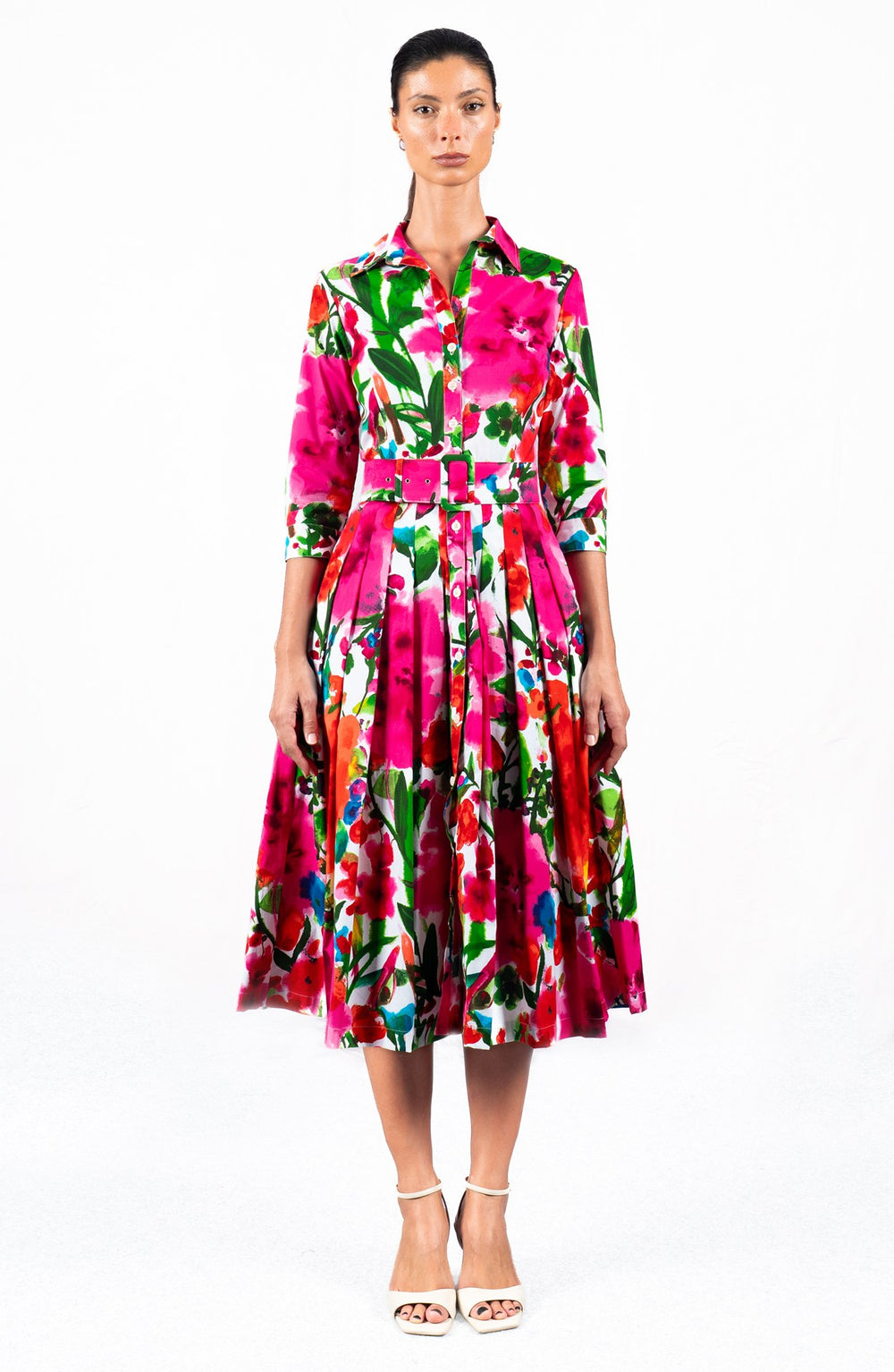 Audrey Dress #2 Shirt Collar 3/4 Sleeve Midi Length Cotton Stretch (Watercolor Bloom)