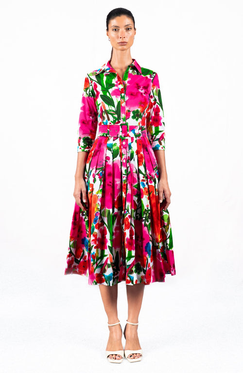 Audrey Dress #2 Shirt Collar 3/4 Sleeve Midi Length Cotton Stretch (Watercolor Bloom)