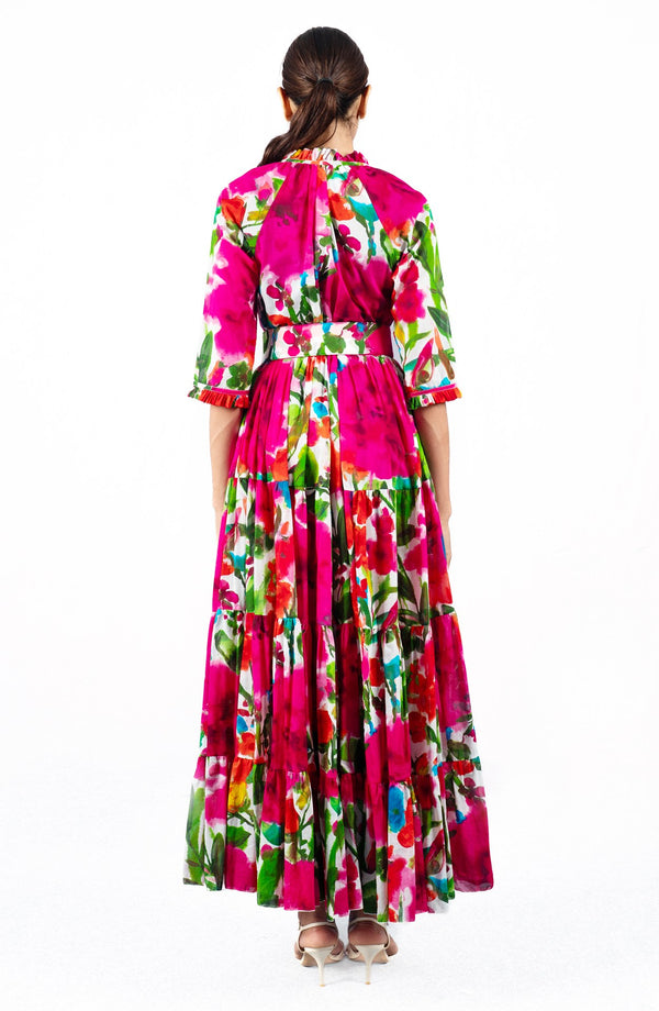 Eva Dress Crew Neck 3/4 Sleeve Maxi Length Cotton Musola (Watercolor Bloom)