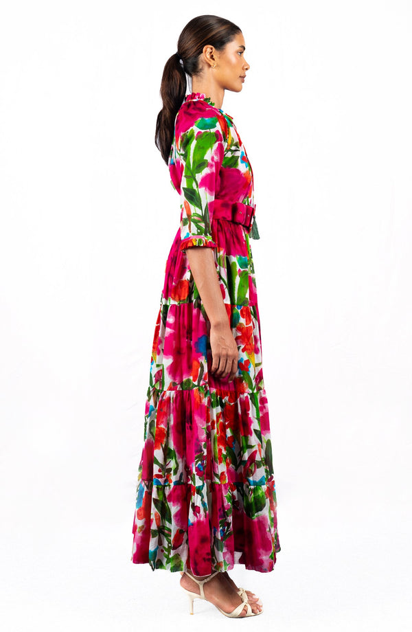 Eva Dress Crew Neck 3/4 Sleeve Maxi Length Cotton Musola (Watercolor Bloom)