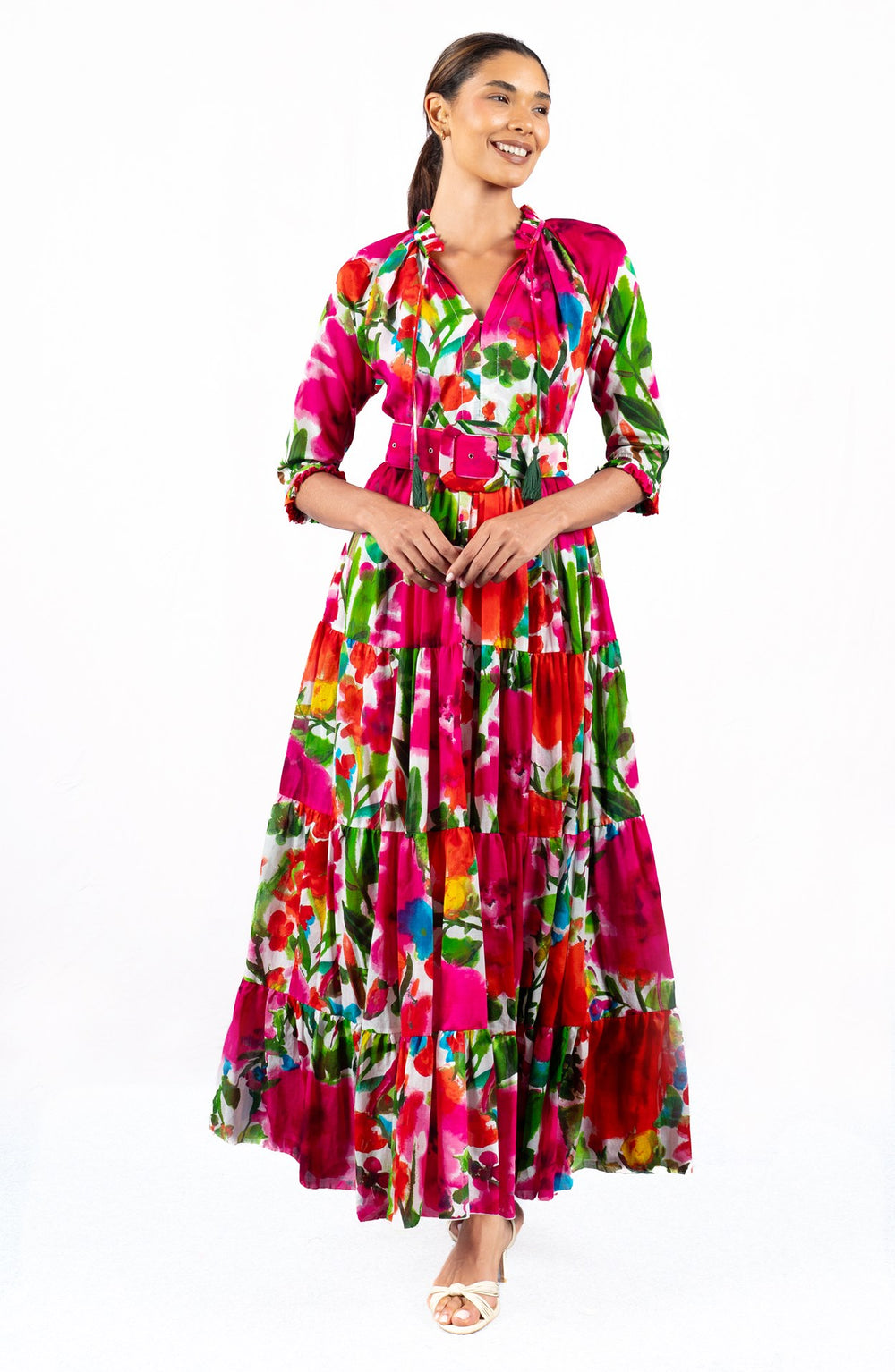 Eva Dress Crew Neck 3/4 Sleeve Maxi Length Cotton Musola (Watercolor Bloom)