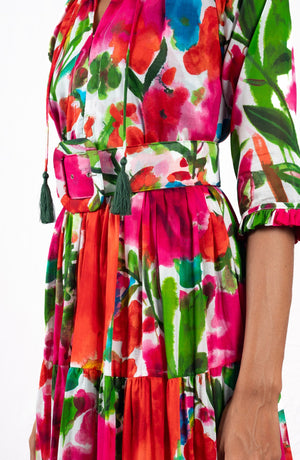 Eva Dress Crew Neck 3/4 Sleeve Maxi Length Cotton Musola (Watercolor Bloom)