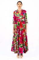 Eva Dress Crew Neck 3/4 Sleeve Maxi Length Cotton Musola (Watercolor Bloom)