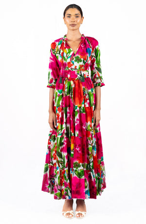 Eva Dress Crew Neck 3/4 Sleeve Maxi Length Cotton Musola (Watercolor Bloom)
