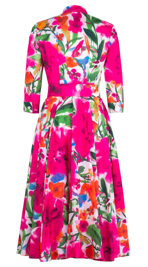 Aster Dress Shirt Collar 3/4 Sleeve Midi Length Cotton Lawn (Watercolor Bloom)