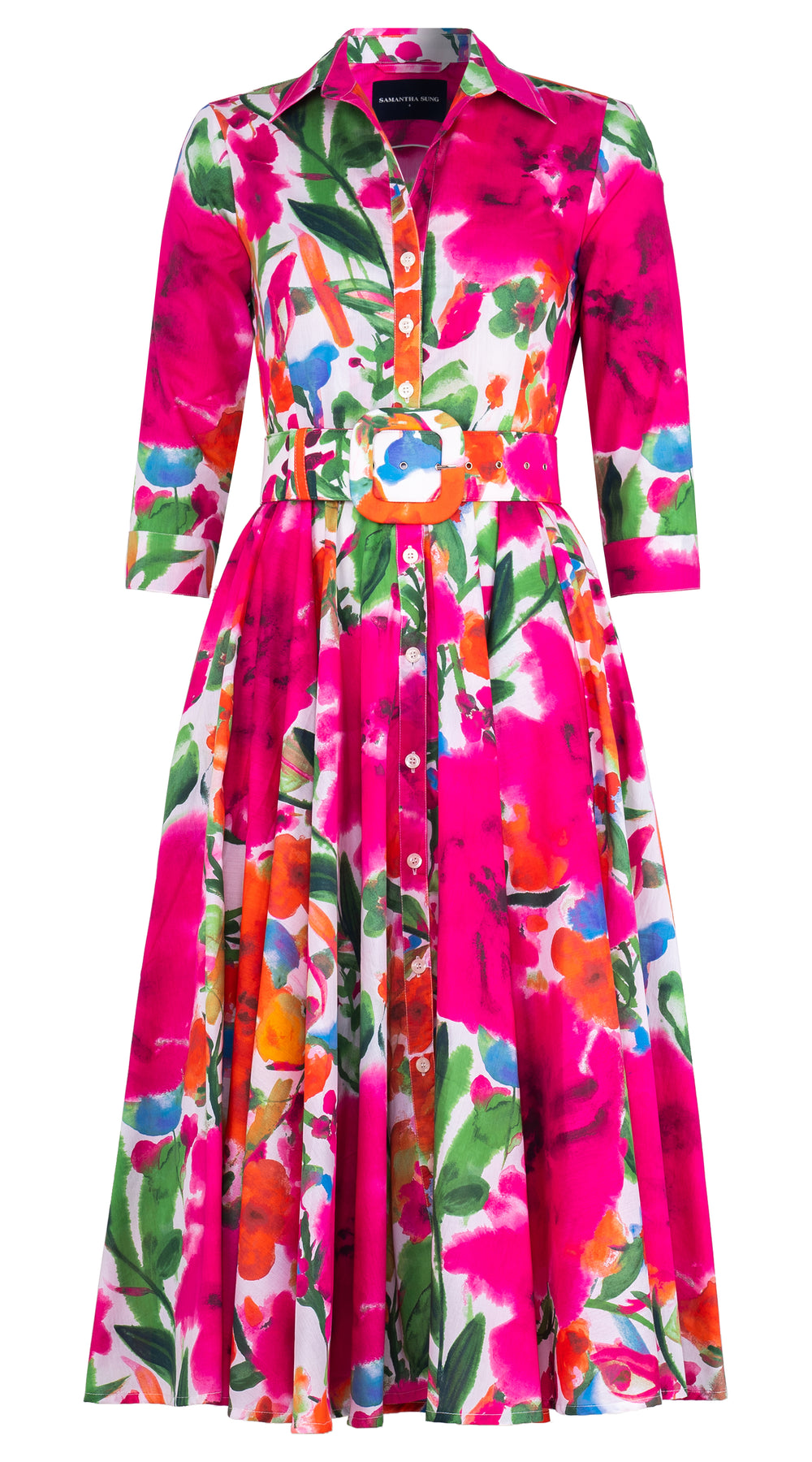 Aster Dress Shirt Collar 3/4 Sleeve Midi Length Cotton Lawn (Watercolor Bloom)