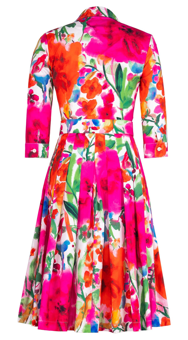 Audrey Dress #2 Shirt Collar 3/4 Sleeve Long Length Cotton Stretch (Watercolor Bloom)