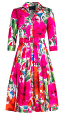 Audrey Dress #2 Shirt Collar 3/4 Sleeve Long Length Cotton Stretch (Watercolor Bloom)