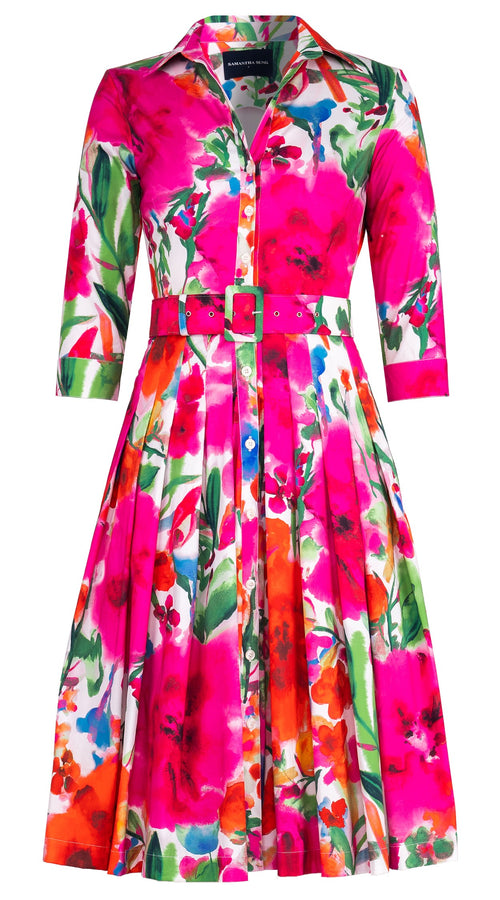 Audrey Dress #2 Shirt Collar 3/4 Sleeve Long Length Cotton Stretch (Watercolor Bloom)
