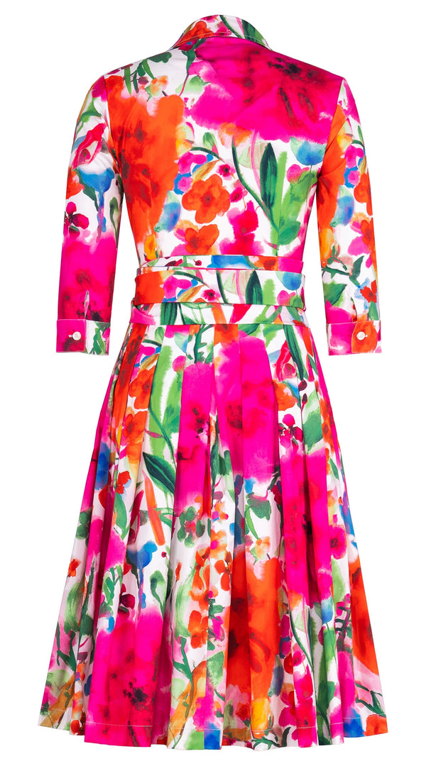 Audrey Dress #2 Shirt Collar 3/4 Sleeve Long Length Cotton Stretch (Watercolor Bloom)