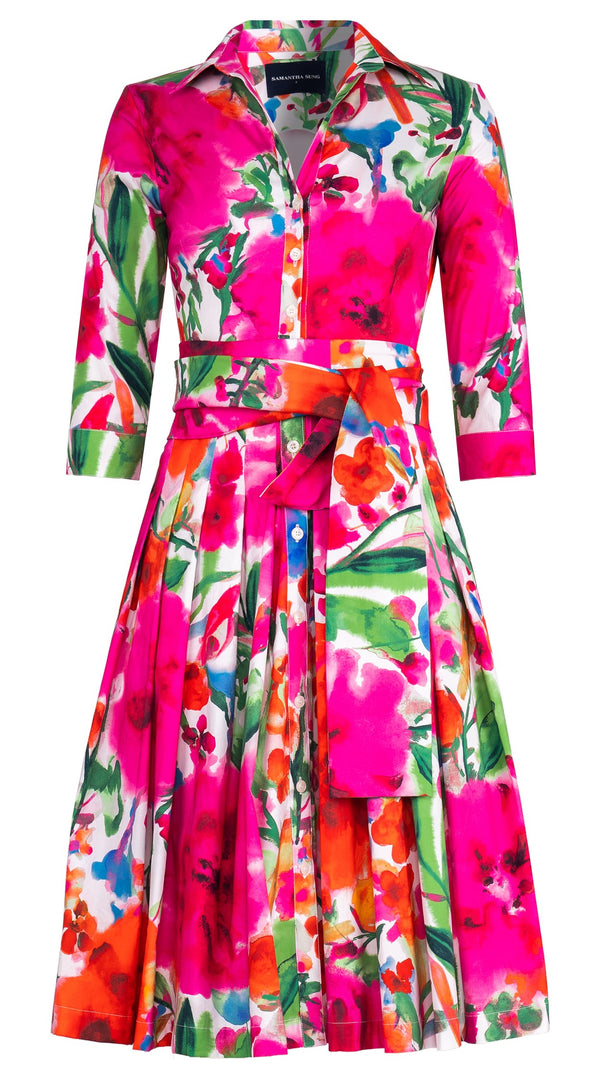 Audrey Dress #2 Shirt Collar 3/4 Sleeve Long Length Cotton Stretch (Watercolor Bloom)
