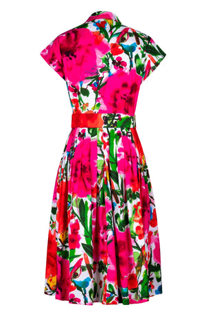 Audrey Dress #2 Shirt Collar Cap Sleeve Long Length Cotton Stretch (Watercolor Bloom)