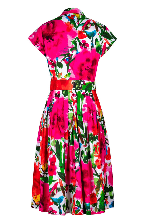 Audrey Dress #2 Shirt Collar Cap Sleeve Long Length Cotton Stretch (Watercolor Bloom)