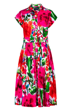 Audrey Dress #2 Shirt Collar Cap Sleeve Long Length Cotton Stretch (Watercolor Bloom)