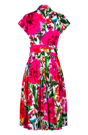 Audrey Dress #2 Shirt Collar Cap Sleeve Long Length Cotton Stretch (Watercolor Bloom)