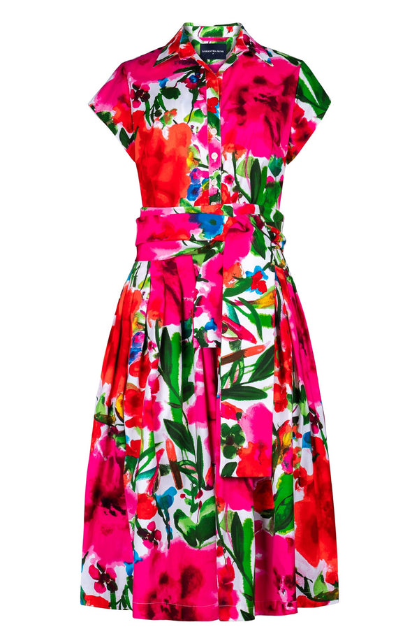 Audrey Dress #2 Shirt Collar Cap Sleeve Long Length Cotton Stretch (Watercolor Bloom)