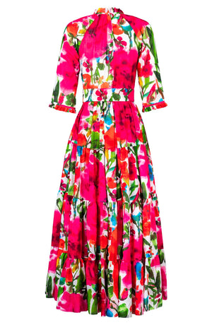 Eva Dress Crew Neck 3/4 Sleeve Maxi Length Cotton Musola (Watercolor Bloom)
