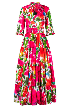 Eva Dress Crew Neck 3/4 Sleeve Maxi Length Cotton Musola (Watercolor Bloom)