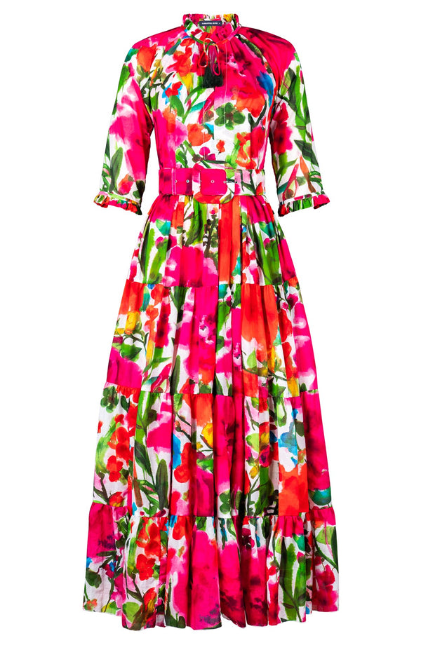 Eva Dress Crew Neck 3/4 Sleeve Maxi Length Cotton Musola (Watercolor Bloom)