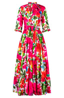 Eva Dress Crew Neck 3/4 Sleeve Maxi Length Cotton Musola (Watercolor Bloom)