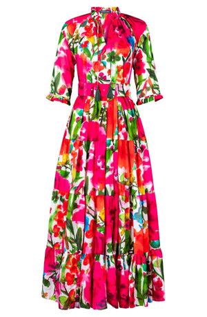 Eva Dress Crew Neck 3/4 Sleeve Maxi Length Cotton Musola (Watercolor Bloom)