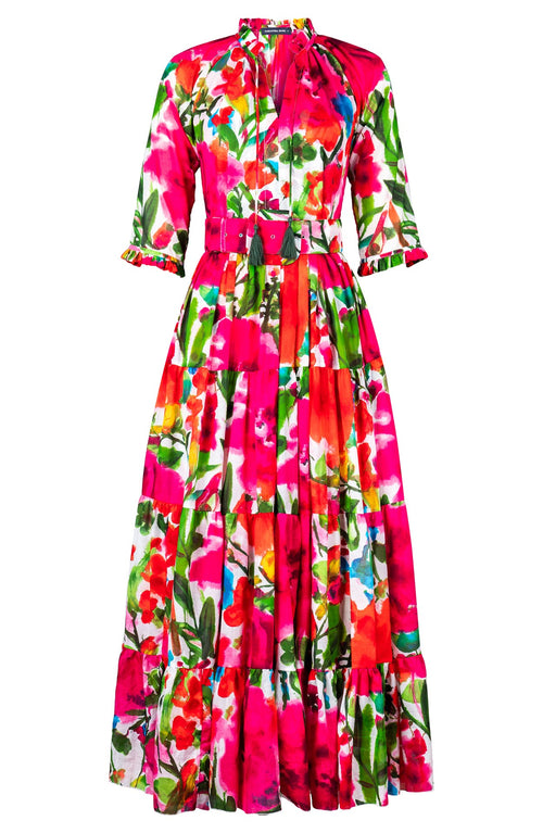 Eva Dress Crew Neck 3/4 Sleeve Maxi Length Cotton Musola (Watercolor Bloom)