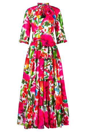 Eva Dress Crew Neck 3/4 Sleeve Maxi Length Cotton Musola (Watercolor Bloom)