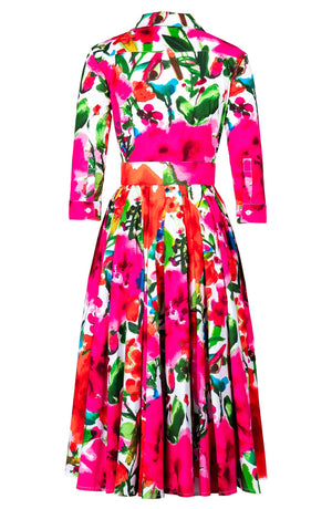 Laurent Dress Shirt Collar 3/4 Sleeve Midi Length Cotton Stretch (Watercolor Bloom)