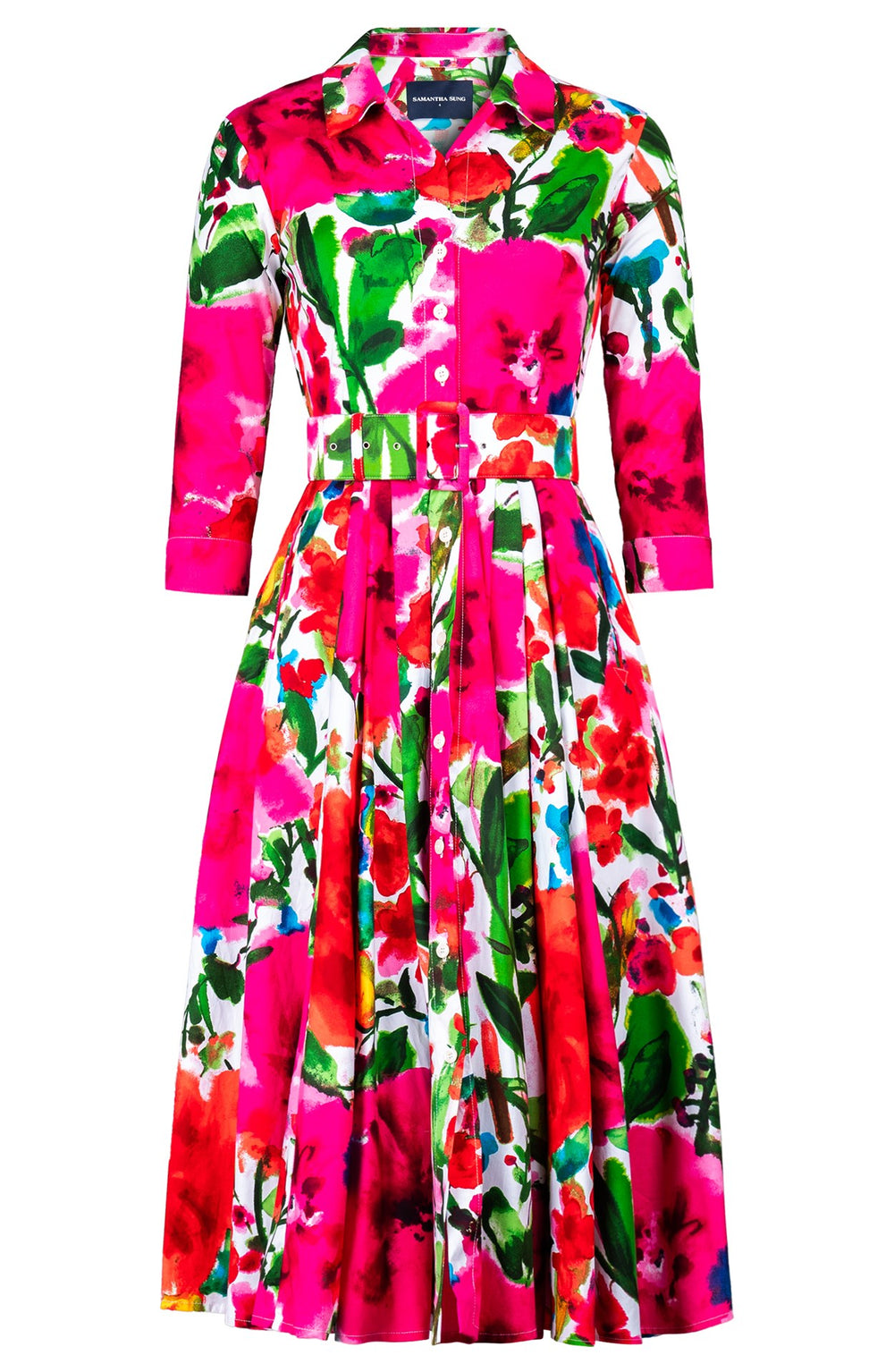 Laurent Dress Shirt Collar 3/4 Sleeve Midi Length Cotton Stretch (Watercolor Bloom)