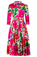 Laurent Dress Shirt Collar 3/4 Sleeve Midi Length Cotton Stretch (Watercolor Bloom)