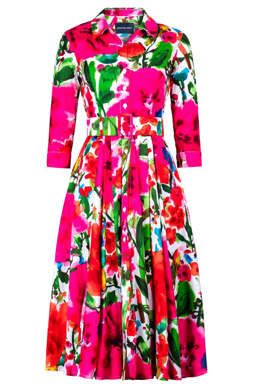 Laurent Dress Shirt Collar 3/4 Sleeve Midi Length Cotton Stretch (Watercolor Bloom)