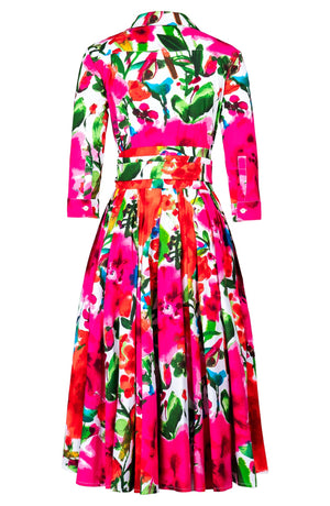 Laurent Dress Shirt Collar 3/4 Sleeve Midi Length Cotton Stretch (Watercolor Bloom)