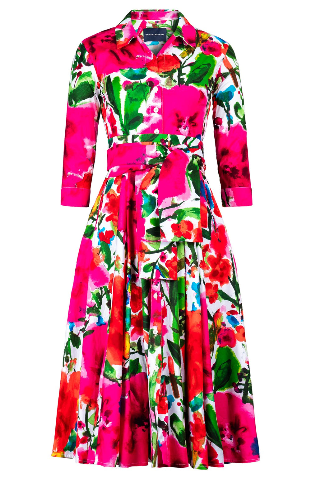 Laurent Dress Shirt Collar 3/4 Sleeve Midi Length Cotton Stretch (Watercolor Bloom)