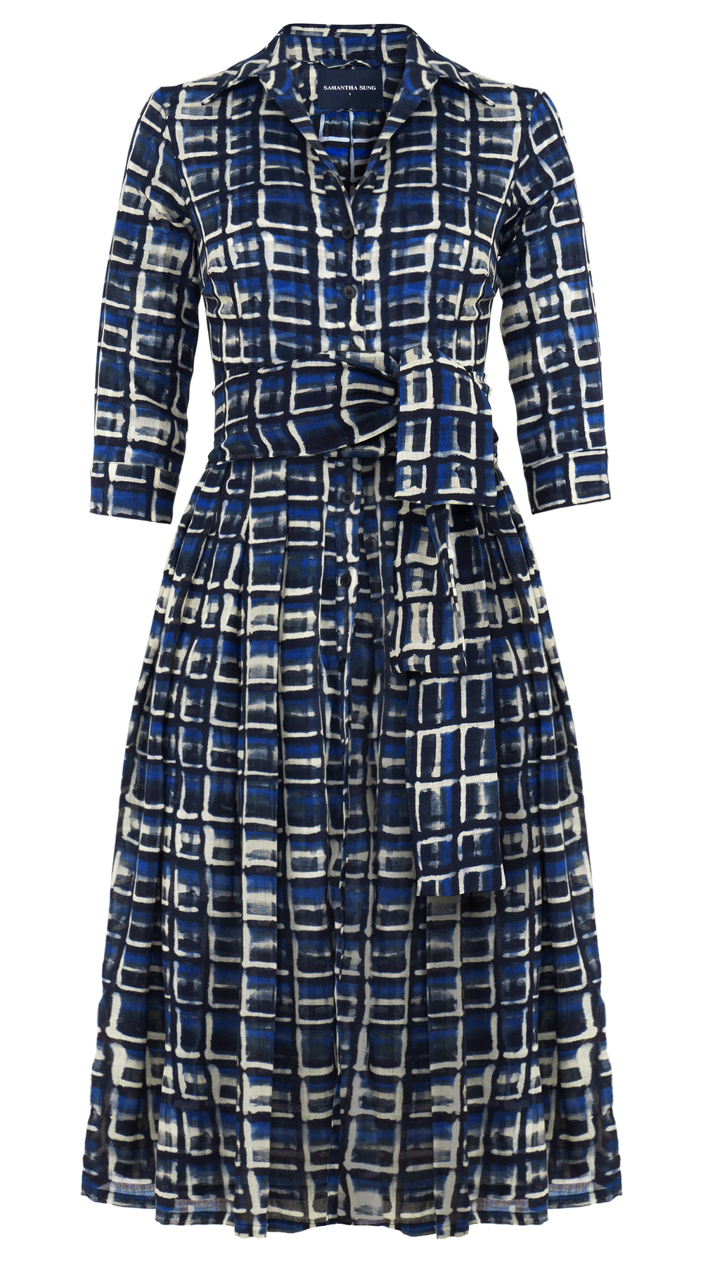 Audrey Dress #4 Shirt Collar 3/4 Sleeve Midi Length Wool (Watercolor Check) - Blue