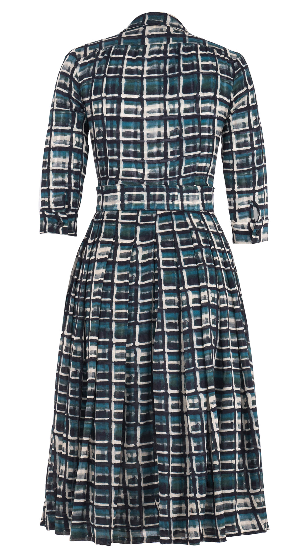 Audrey Dress #4 Shirt Collar 3/4 Sleeve Midi Length Wool (Watercolor Check) - Jade