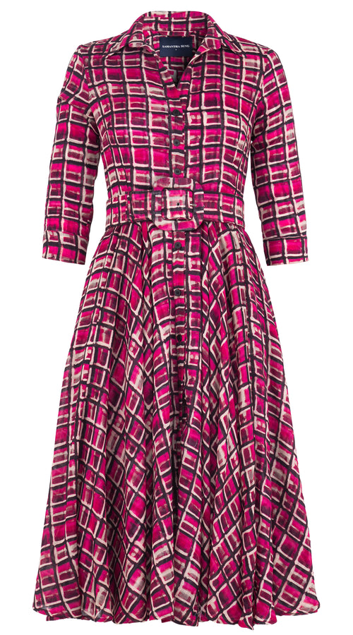 Aster Dress Shirt Collar 3/4 Sleeve Midi Length Wool Musola (Watercolor Check)