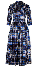 Audrey Dress #7 Shirt Collar 3/4 Sleeve Midi Plus Length Silk Twill (Watercolor Check) - Blue