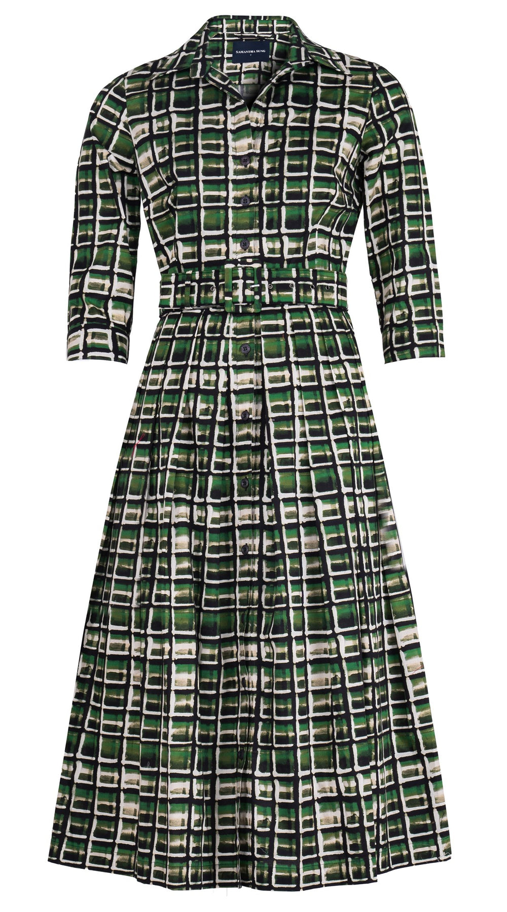 Audrey Dress #1 Shirt Collar 3/4 Sleeve Midi Length Cotton Stretch (Watercolor Check)