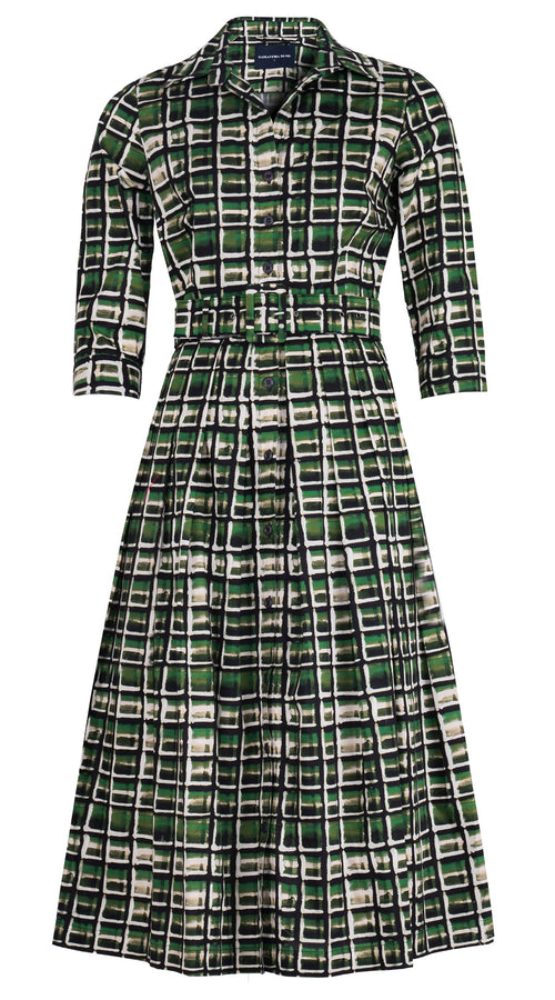 Audrey Dress #1 Shirt Collar 3/4 Sleeve Midi Length Cotton Stretch (Watercolor Check)
