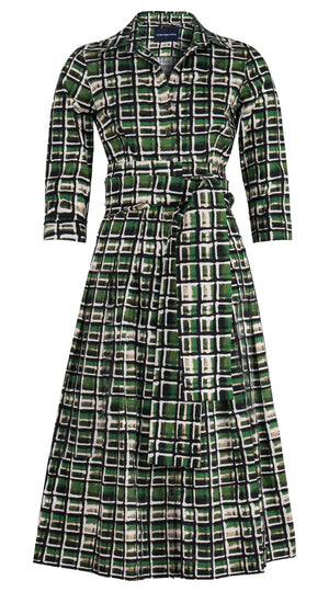 Audrey Dress #1 Shirt Collar 3/4 Sleeve Midi Length Cotton Stretch (Watercolor Check)