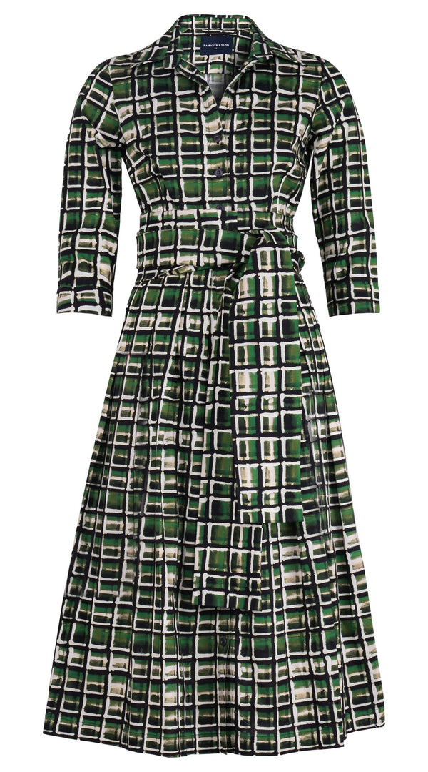 Audrey Dress #1 Shirt Collar 3/4 Sleeve Midi Length Cotton Stretch (Watercolor Check)