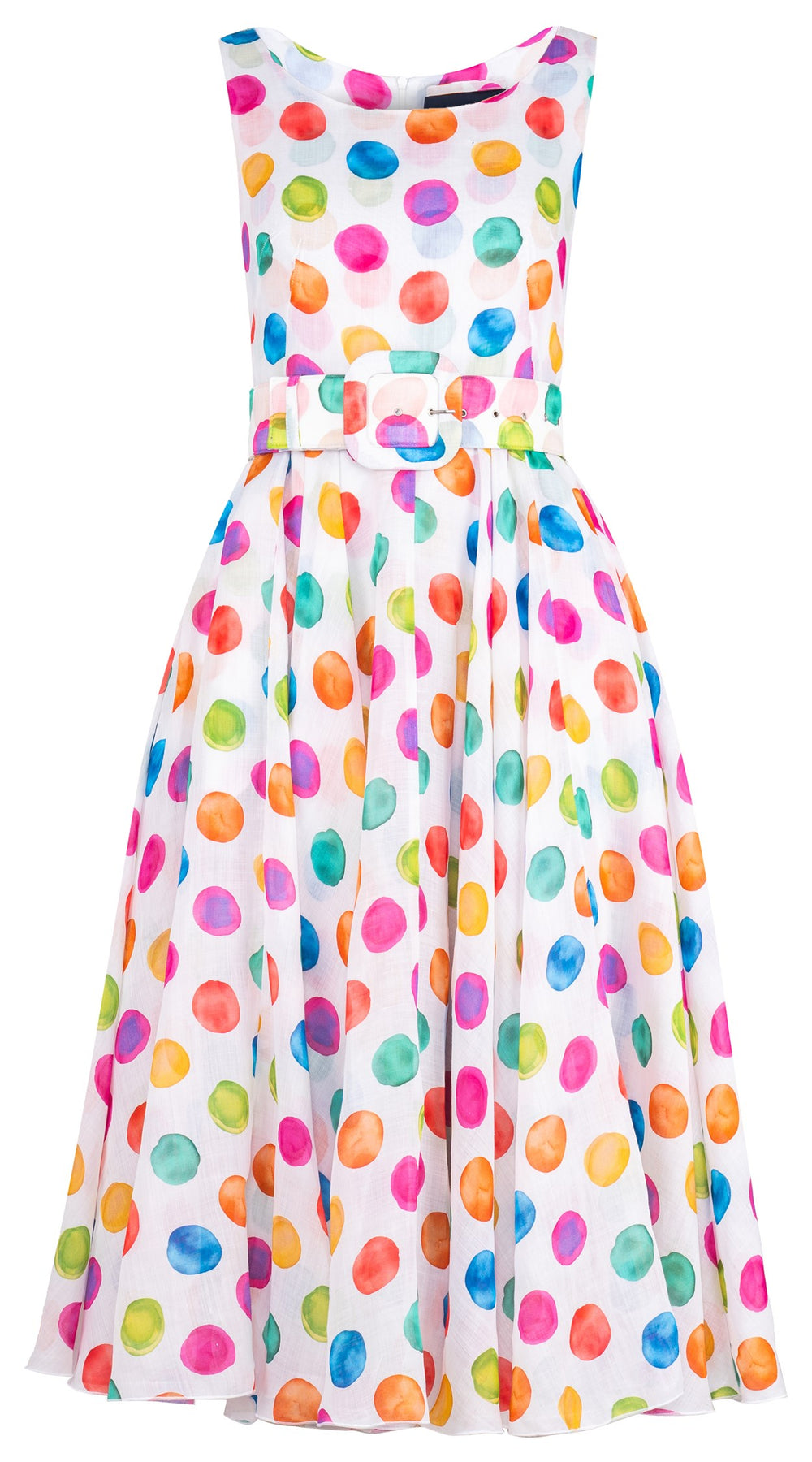 Aster Dress Round Neck Sleeveless Midi Length Ramie (Watercolor Dots Big)
