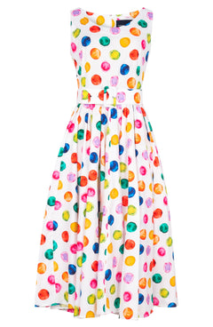 Abelia Dress Boat Neck Sleeveless Midi Length Cotton Stretch (Watercolor Dots)