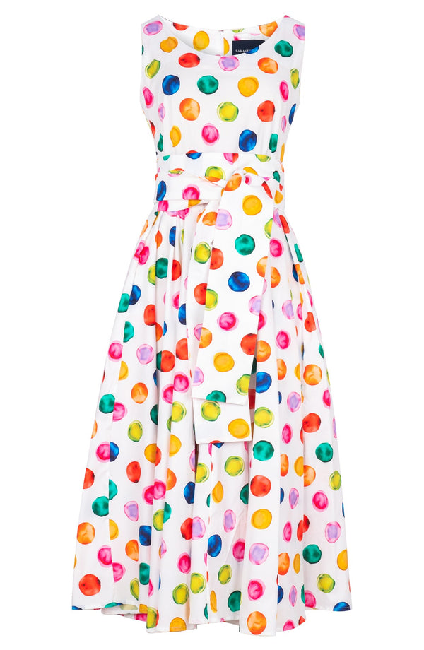 Abelia Dress Boat Neck Sleeveless Midi Length Cotton Stretch (Watercolor Dots)
