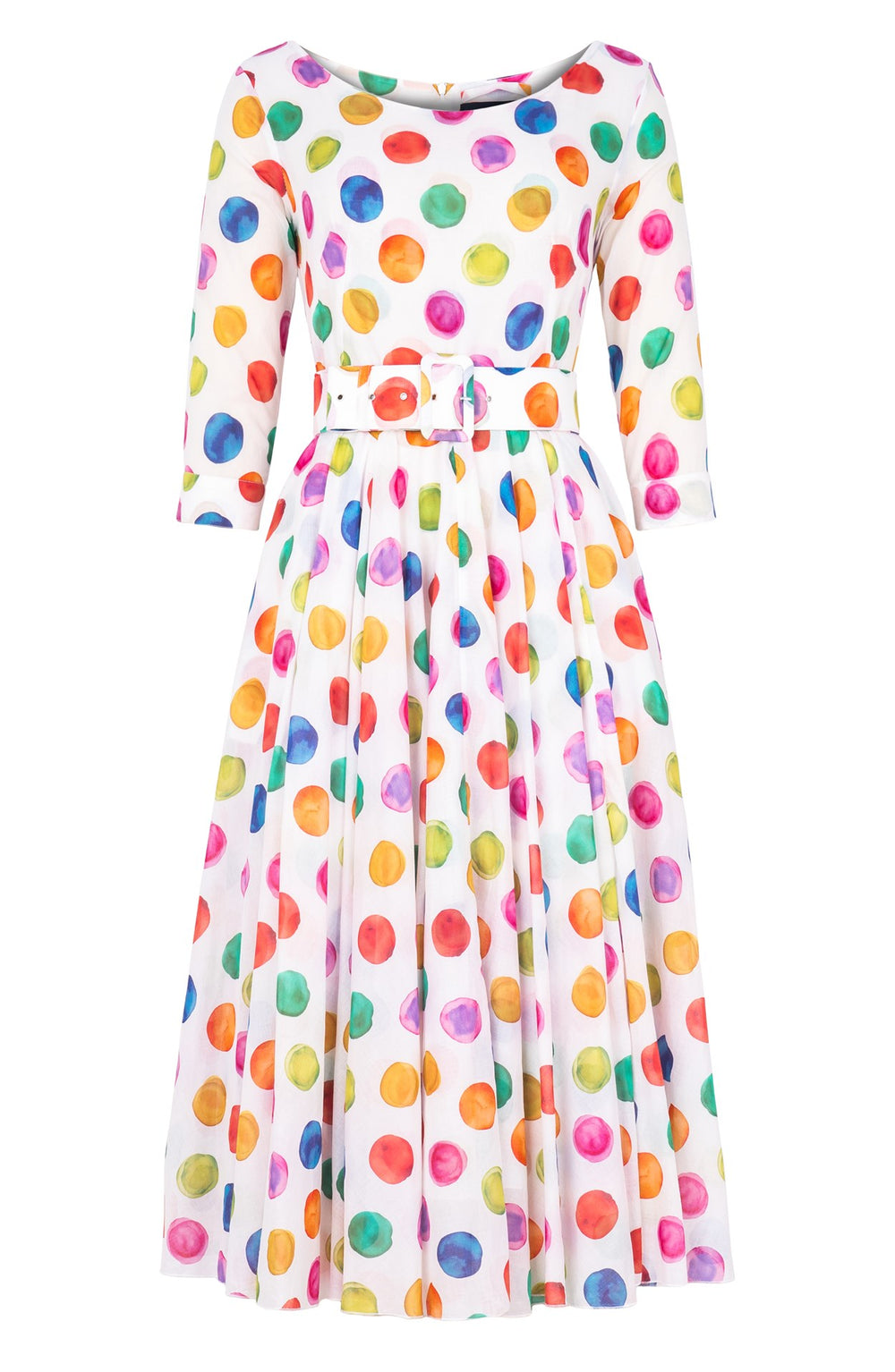 Aster Dress Boat Neck 3/4 Sleeve Midi Length Cotton Musola (Watercolor Dots)