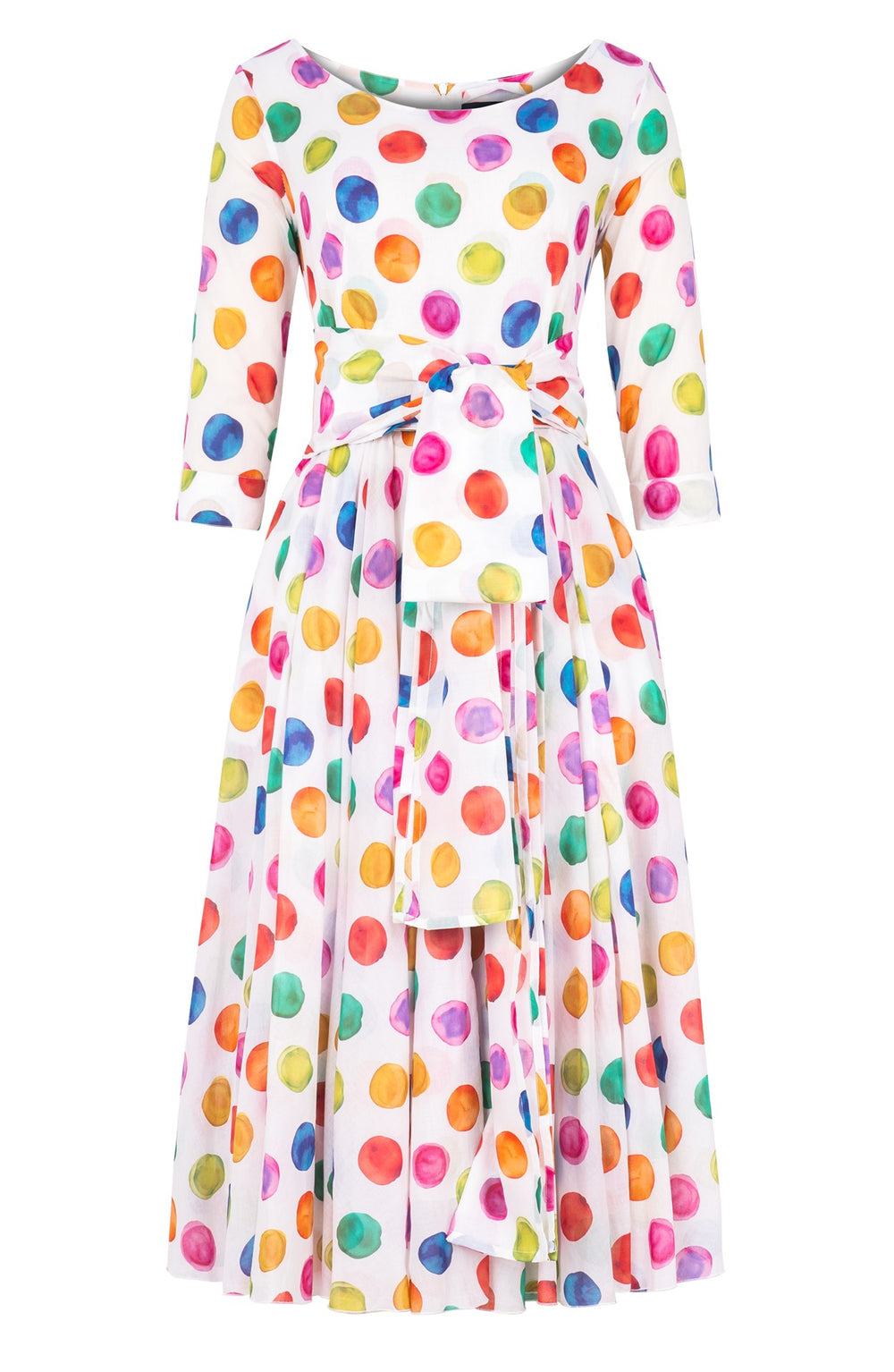 Aster Dress Boat Neck 3/4 Sleeve Midi Length Cotton Musola (Watercolor Dots)