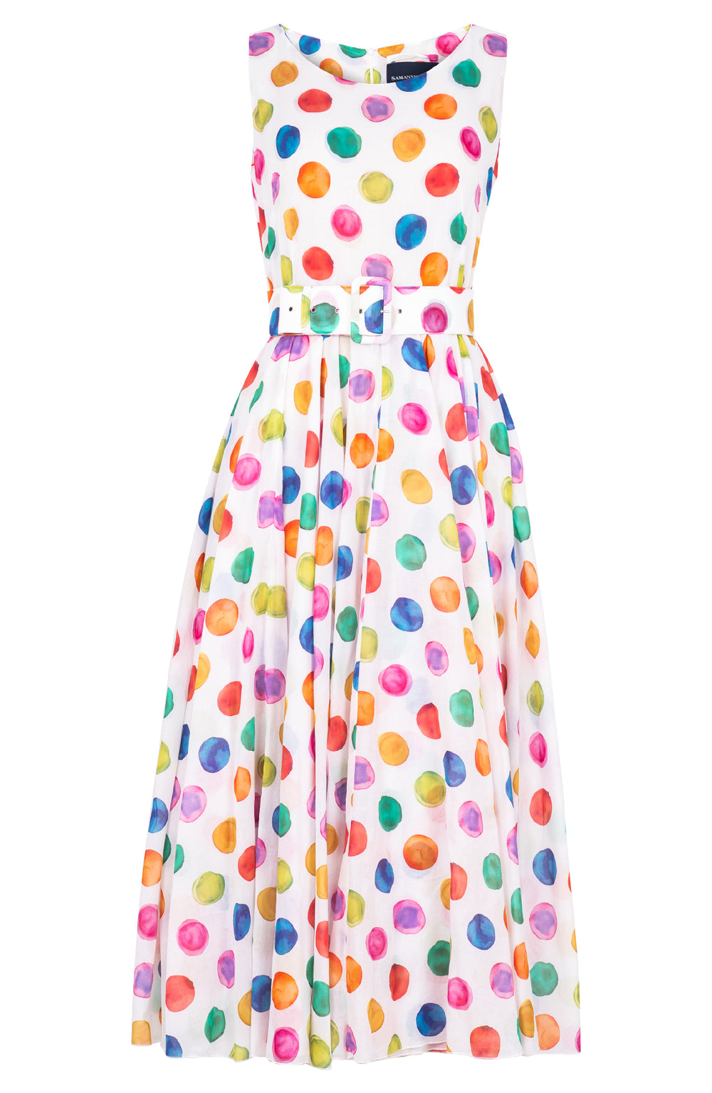 Aster Dress Boat Neck Sleeveless Midi Plus Length Cotton Musola (Watercolor Dots)