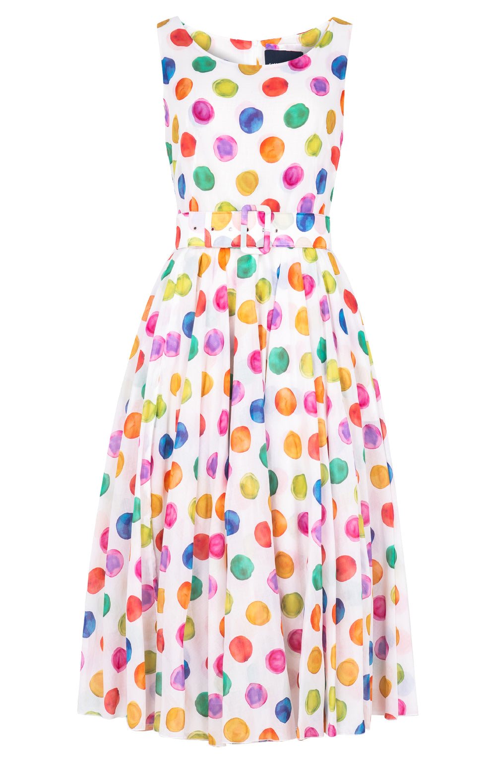 Aster Dress Boat Neck Sleeveless Midi Length Cotton Musola (Watercolor Dots)