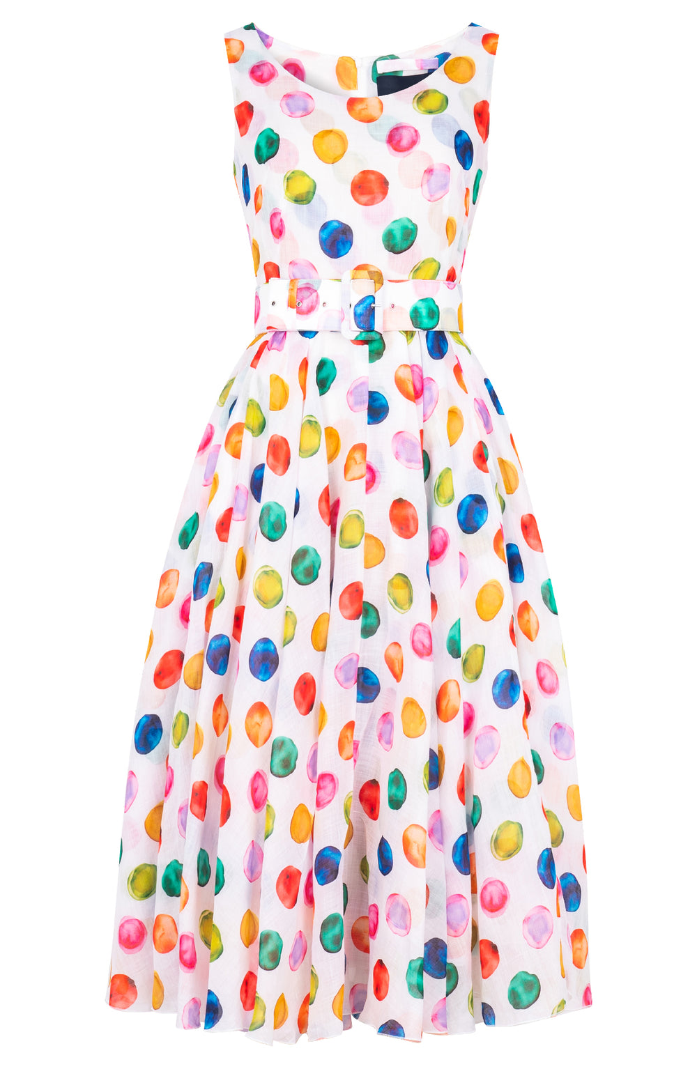 Aster Dress Boat Neck Sleeveless Midi Length Ramie (Watercolor Dots)