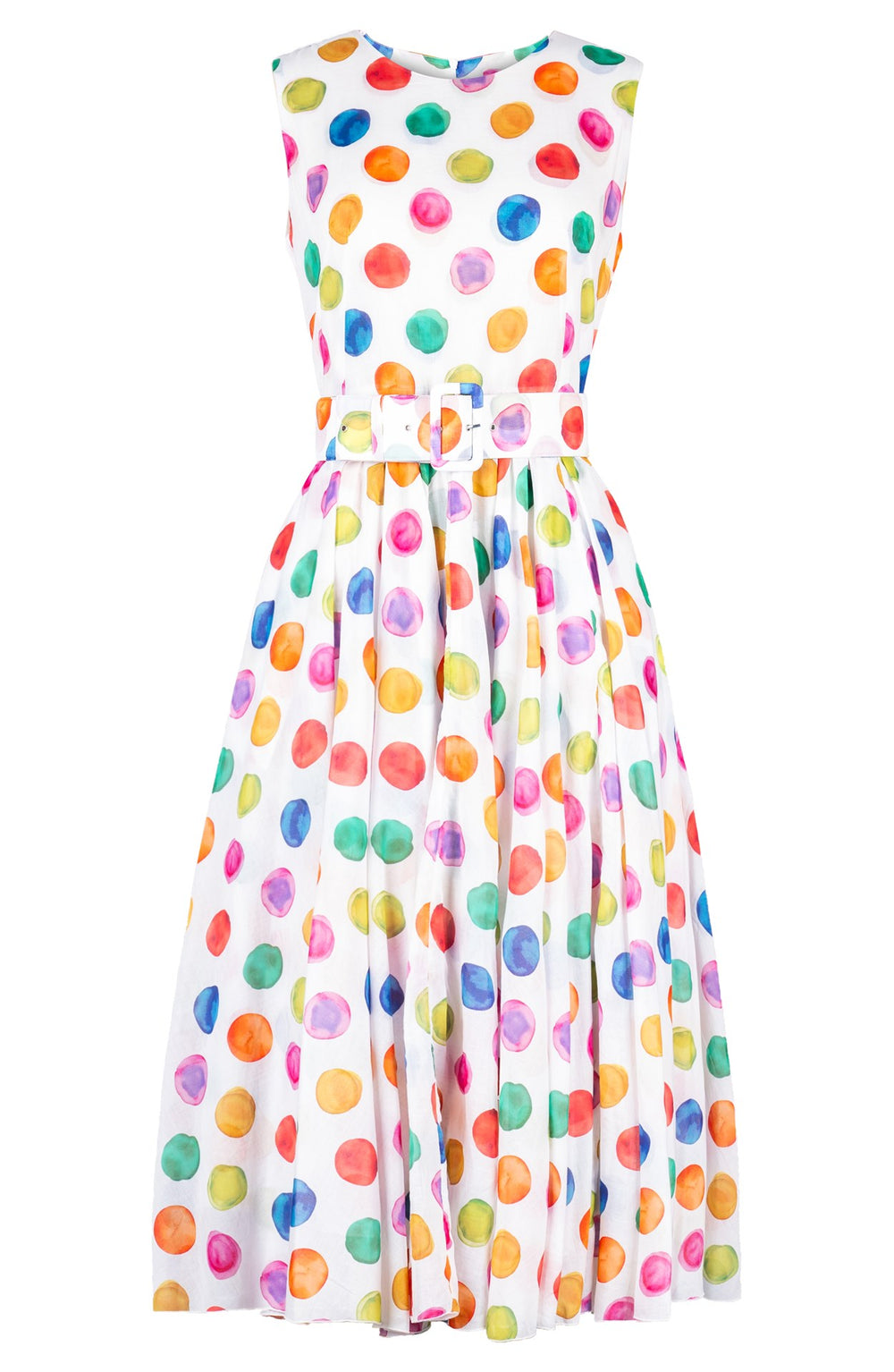 Aster Dress Crew Neck Sleeveless Midi Length Cotton Musola (Watercolor Dots)